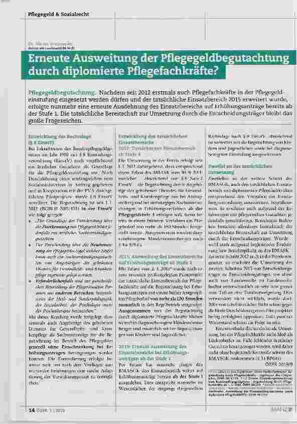 Vorschauseite 1: Erneute Ausweitung der Pflegegeldbegutachtung durch diplomierte Pflegefachkräfte?