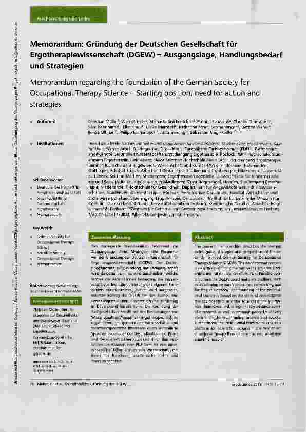 Vorschauseite 1: Memorandum: Gründung der Deutschen Gesellschaft für Ergotherapiewissenschaft (DGEW) Ausgangslage, Handlungsbedarf und Strategien