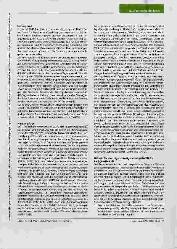 Vorschauseite 2: Memorandum: Gründung der Deutschen Gesellschaft für Ergotherapiewissenschaft (DGEW) Ausgangslage, Handlungsbedarf und Strategien