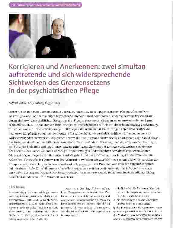 Vorschauseite 1: Korrigieren und Anerkennen: zwei simultan auftretende und sich widersprechende Sichtweisen des Grenzensetzens in der psychiatrischen Pflege