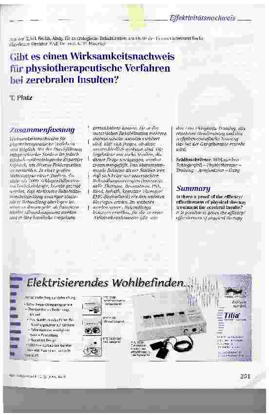 Vorschauseite 1: Gibt es einen Wirksamkeitsnachweis für physiotherapeutische Verfahren bei zerebralen Insulten?