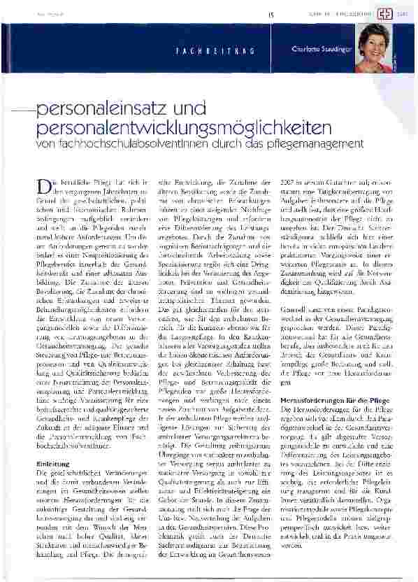 Vorschauseite 1: personaleinsatz und personalentwicklunssmöslichkeitenvon fachhochschulabsolventlnnen durch das pflegemanagement