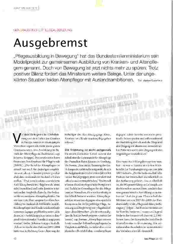 Vorschauseite 1: GENERALISTISCHE PFLEGEAUSBILDUNGAusgebremst