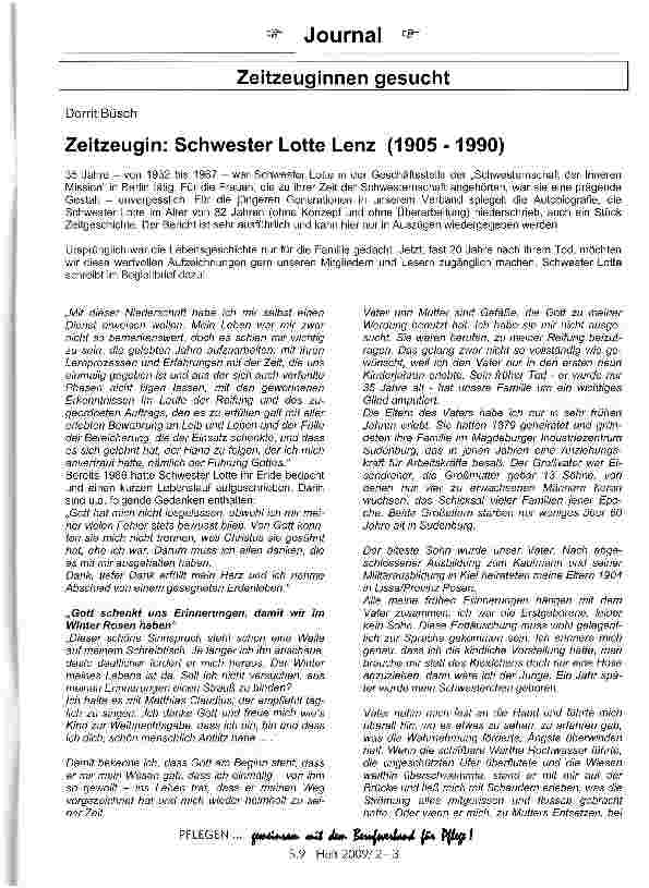 Vorschauseite 1: Zeitzeugin: Schwester Lotte Lenz (1905 -1990)