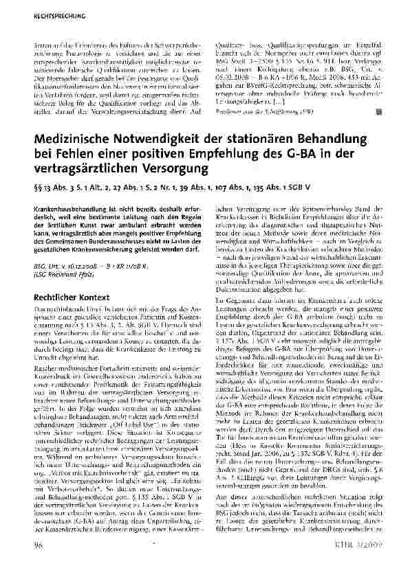 Vorschauseite 1: Medizinische Notwendigkeit der stationären Behandlung bei Fehlen einer positiven Empfehlung des G-BA in der vertragsärztlichen Versorgung