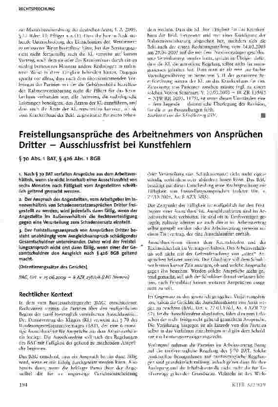 Vorschauseite 1: Freistellungsansprüche des Arbeitnehmers von Ansprüchen Dritter - Ausschlussfrist bei Kunstfehlern