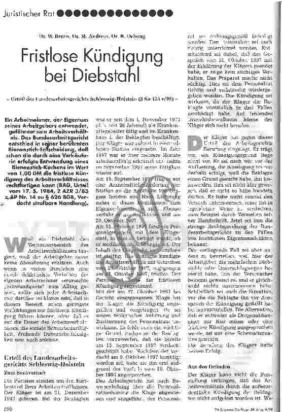 Vorschauseite 1: Fristlose Kündigung bei Diebstahl Urteil des Landesarbeitsgerichts Schleswig-Holstein