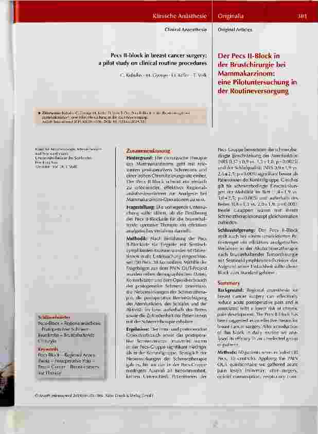 Vorschauseite 1: Der Pecs Il-Block in der Brustchirurgie bei Mammakarzinom: eine Pilotuntersuchung in der Routineversorgung