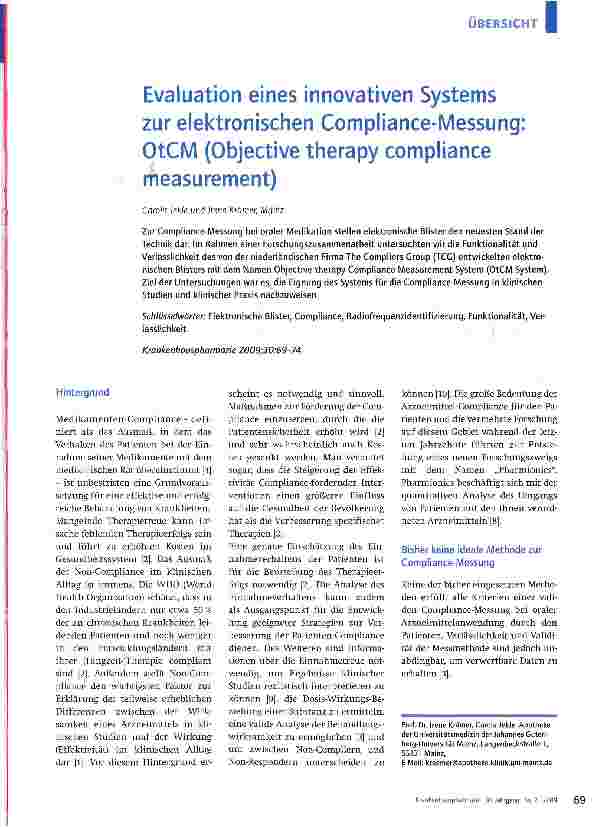 Vorschauseite 1: Evaluation eines innovativen Systems zur elektronischen Compliance-Messung: OtCM (Objective therapy compliance measurement)