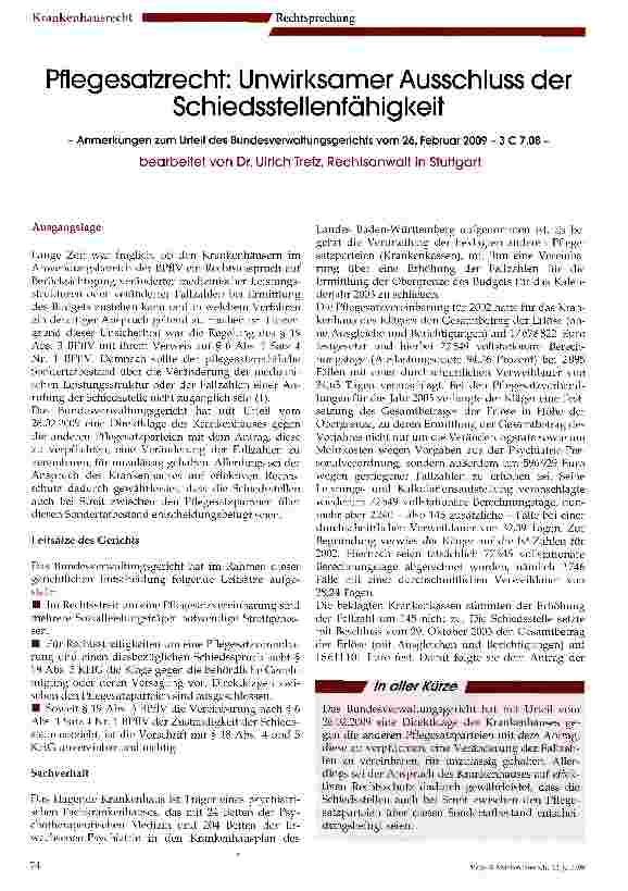 Vorschauseite 1: Pflegesatzrecht: Unwirksamer Ausschluss der Schiedsstellenfähigkeit