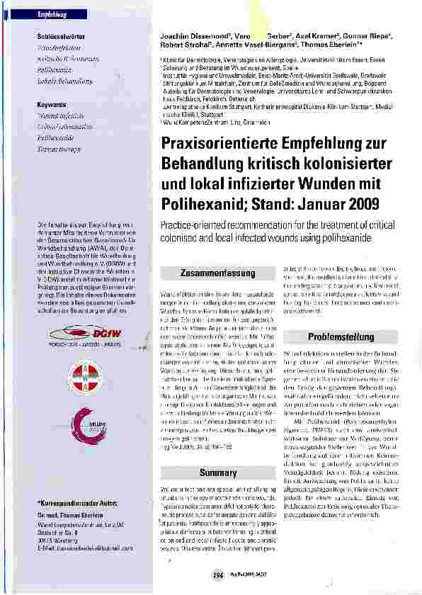 Vorschauseite 1: Praxisorientierte Empfehlung zur Behandlung kritisch kolonisierter und lokal infizierter Wunden mit Polihexanid; Stand: Januar 2009