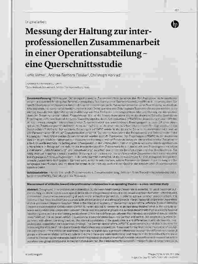 Vorschauseite 1: Messung der Haltung zur interprofessionellen Zusammenarbeit in einer Operationsabteilung eine Querschnittsstudie