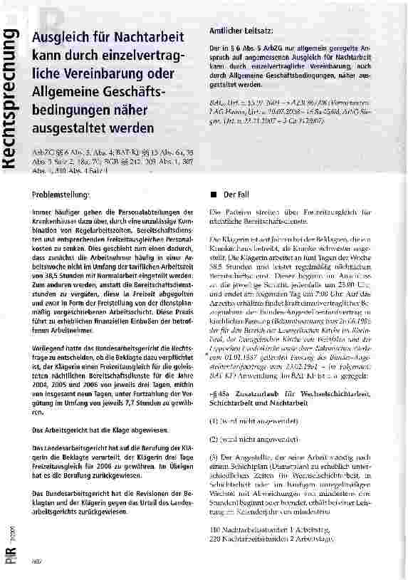 Vorschauseite 1: Ausgleich für Nachtarbeit kann durch einzelvertragliche Vereinbarung oder Allgemeine Geschäftsbedingungen näher ausgestaltet werden
