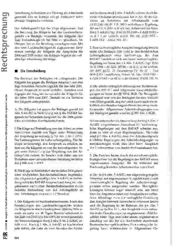 Vorschauseite 3: Ausgleich für Nachtarbeit kann durch einzelvertragliche Vereinbarung oder Allgemeine Geschäftsbedingungen näher ausgestaltet werden