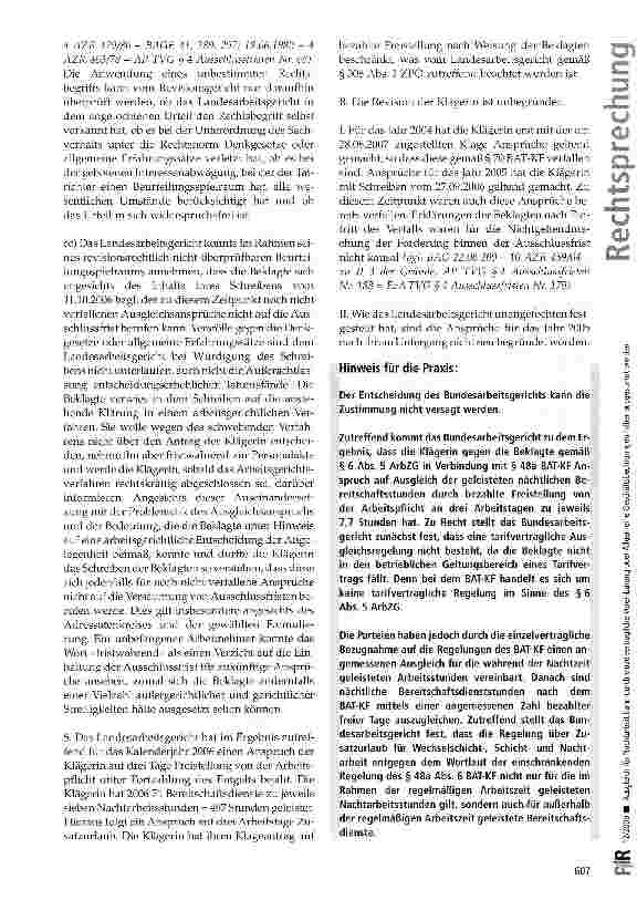 Vorschauseite 6: Ausgleich für Nachtarbeit kann durch einzelvertragliche Vereinbarung oder Allgemeine Geschäftsbedingungen näher ausgestaltet werden