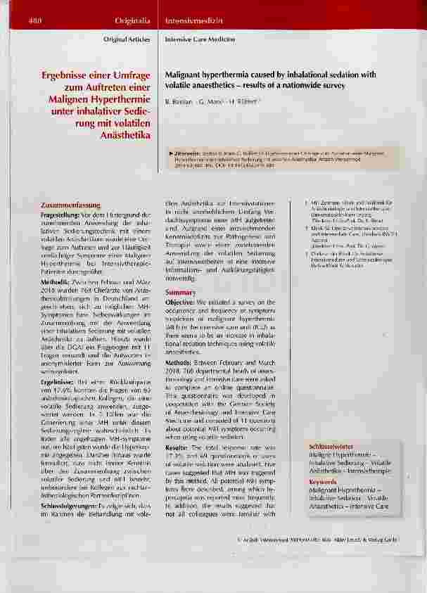 Vorschauseite 1: Ergebnisse einer Umfrage zum Auftreten einer Malignen Hyperthermie unter inhalativer Sedie