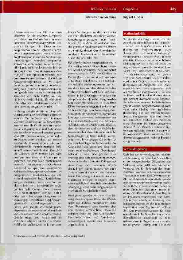 Vorschauseite 5: Ergebnisse einer Umfrage zum Auftreten einer Malignen Hyperthermie unter inhalativer Sedie