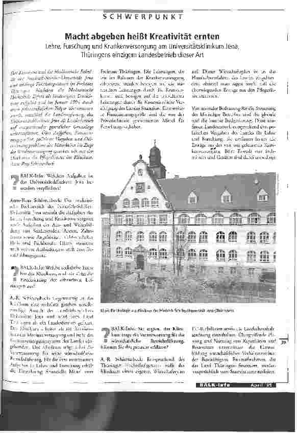 Vorschauseite 1: Macht abgeben heißt Kreativität ernten Lehre, Forschung und Krankenversorgung am Universitätsklinikum Jena, Thürigens einzigem Landesbrieb dieser Art