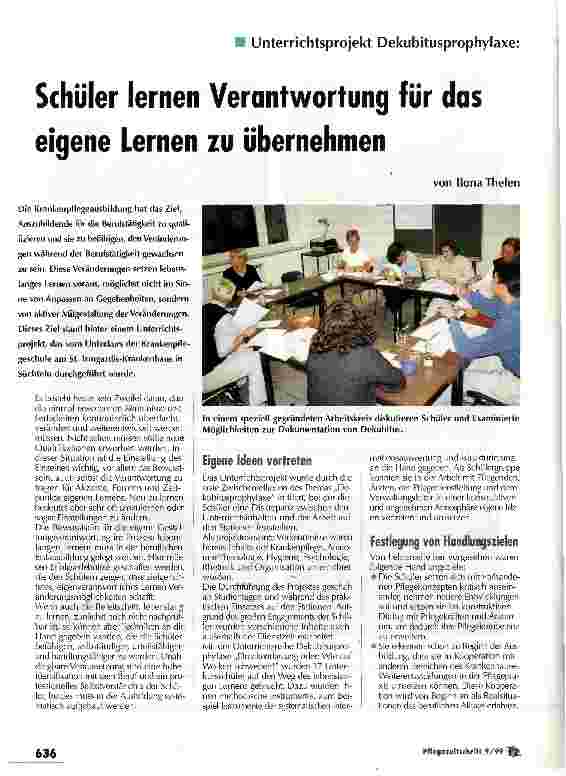 Vorschauseite 1: Schüler lernen Verantwortung für das eigene Leben zu übernehmen Unterrichtsprojekt Dekubitusprophylaxe