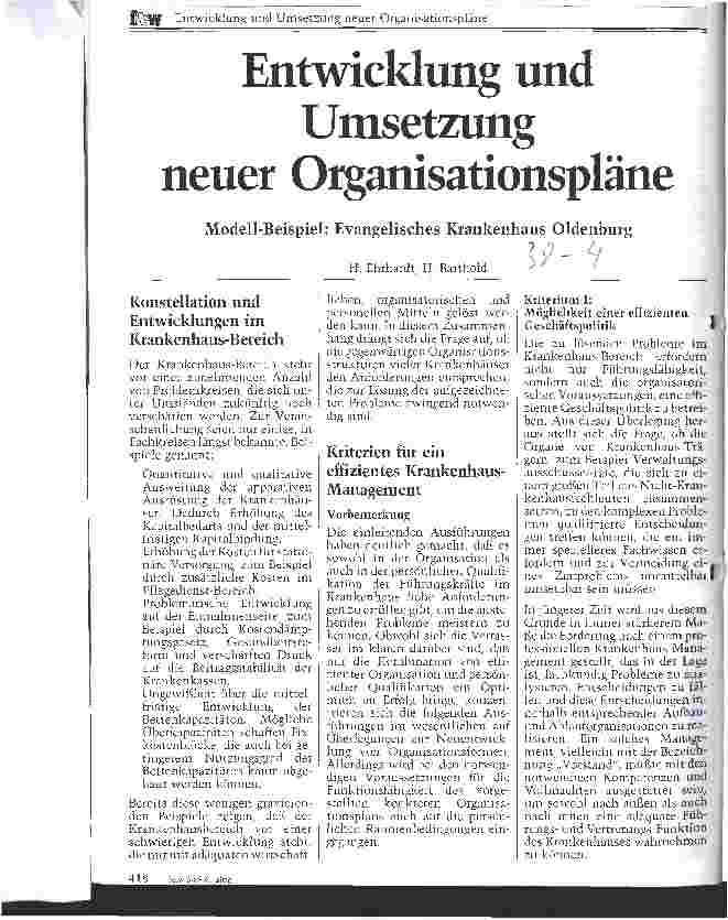 Vorschauseite 1: Entwicklung und Umsetzung neuer Organisationspläne Modell-Beispiel: Evangelisches Krankenhaus Oldenburg