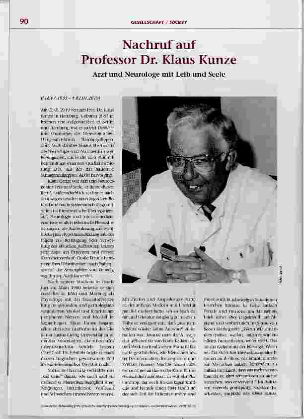 Vorschauseite 1: Nachruf auf Professor Dr. Klaus Kunze