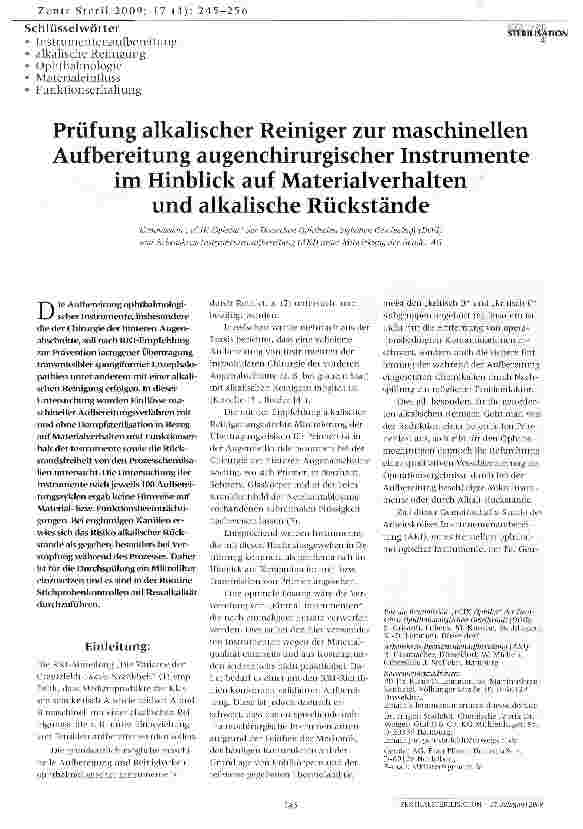 Vorschauseite 1: Prüfung alkalischer Reiniger zur maschinellen Aufbereitung augenchirurgischer Instrumente im Hinblick auf Materialverhalten und alkalische Rückstände