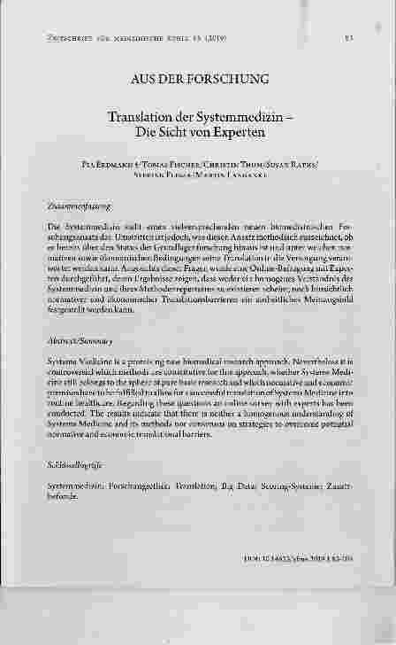 Vorschauseite 1: AUS DER FORSCHUNG Translation der Systemmedizin Die Sicht von Experten