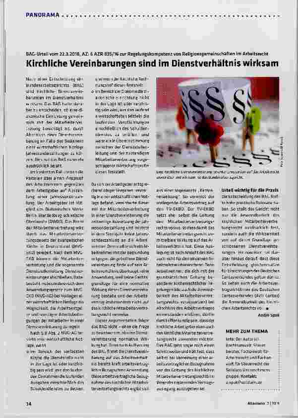 Vorschauseite 1: Kirchliche Vereinbarungen sind im Dienstverhältnis wirksam