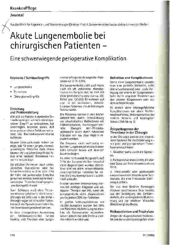 Vorschauseite 1: Akute Lungenembolie bei chirurgischen Patienten - Eine schwerwiegende perioperative Komplikation