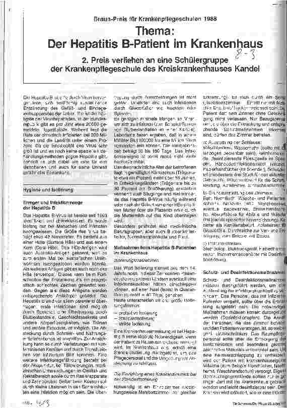 Vorschauseite 1: Thema: der Hepatitis B-Patient im Krankenhaus Braun-Preis für Krankenpflegeschulen 1988