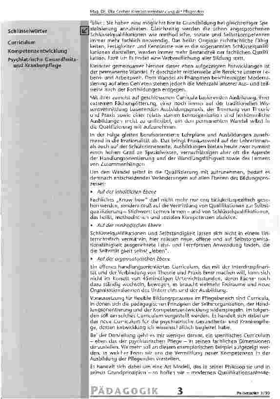 Vorschauseite 2: Kompetenzentwicklung der Pflegenden dargestellt am neuen Curriculum für die psychiatrische Gesundheitsund Krankenpflege in Österreich