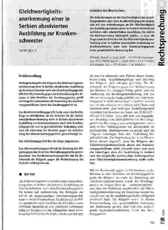 Vorschauseite 1: Gleichwertigkeitsanerkennung einer in Serbien absolvierten Ausbildung zur Kranken Schwester