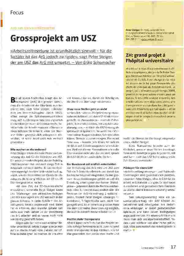 Vorschauseite 1: Grossprojekt am USZ