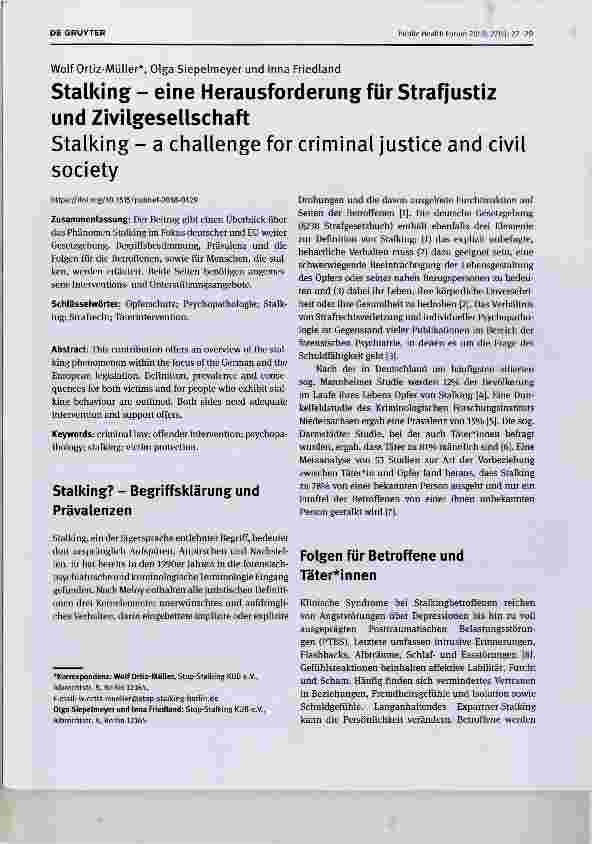 Vorschauseite 1: Stalking eine Herausforderung für Strafjustiz und Zivilgesellschaft