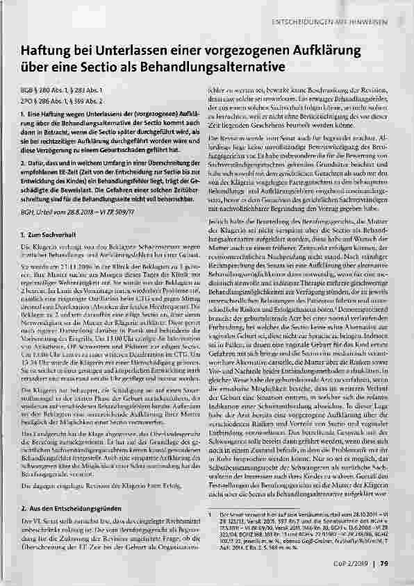 Vorschauseite 1: Haftung bei Unterlassen einer vorgezogenen Aufklärung über eine Sectio als Behandlungsalternative