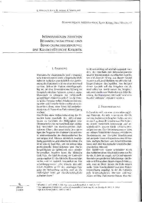 Vorschauseite 1: INTENSIVMEDIZIN ZWISCHEN BEHANDLUNCSAUFTRAG UND BEHANDLUNGSBEGRENZUNG: EINE KLINISCH-ETHISCHE KASUISTIK