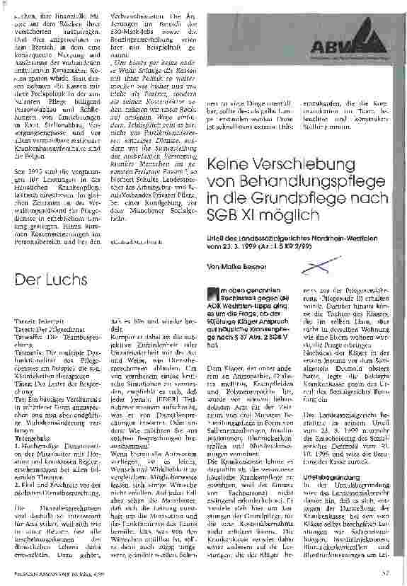 Vorschauseite 1: Keine Verschiebung von Behandlungspflege in die Grundpflege nach SGB XI möglich