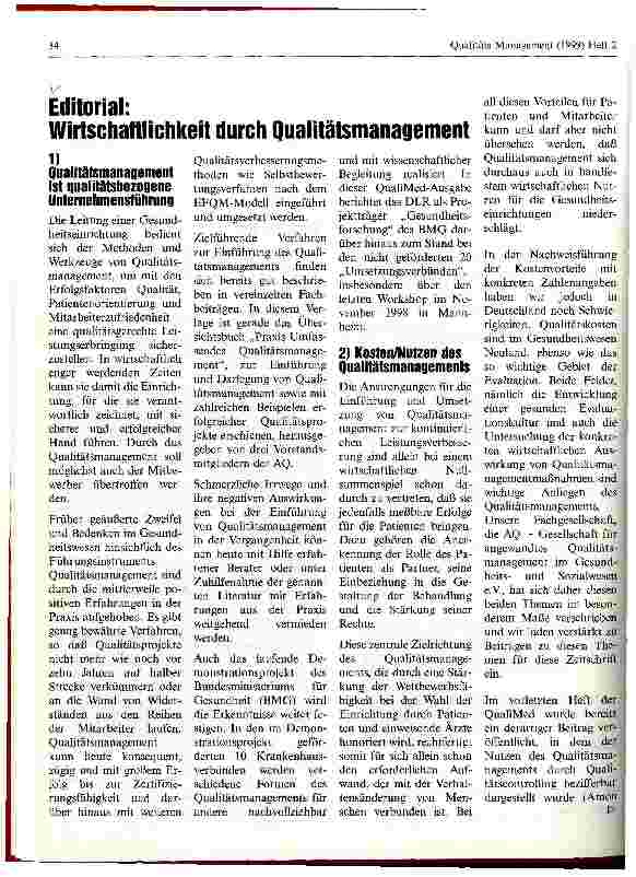 Vorschauseite 1: Wirtschaftlichkeit durch Qualitätsmanagement Editorial