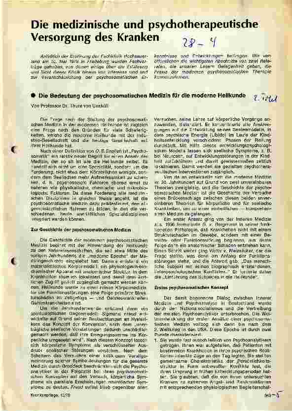 Vorschauseite 1: Die medizinische und psychotherapeutische Versorgung des Kranken Die Bedeutung der psychosomatischen Medizin für die moderne Heilkunde