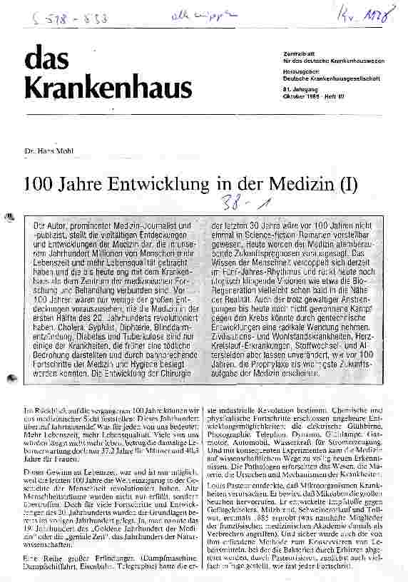 Vorschauseite 1: 100 Jahre Entwicklung in der Medizin (I)