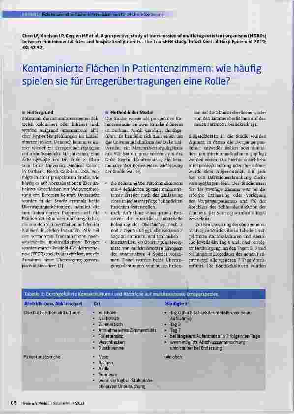 Vorschauseite 1: Kontaminierte Flächen in Patientenzimmern; wie häufig spieien sie für Erregerübertragungen eine Rolle?