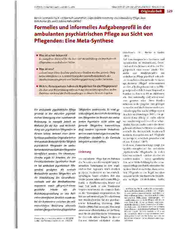 Vorschauseite 1: Formelles und informelles Aufgabenprofil in der ambulanten psychiatrischen Pflege aus Sicht von Pflegenden: Eine Meta-Synthese