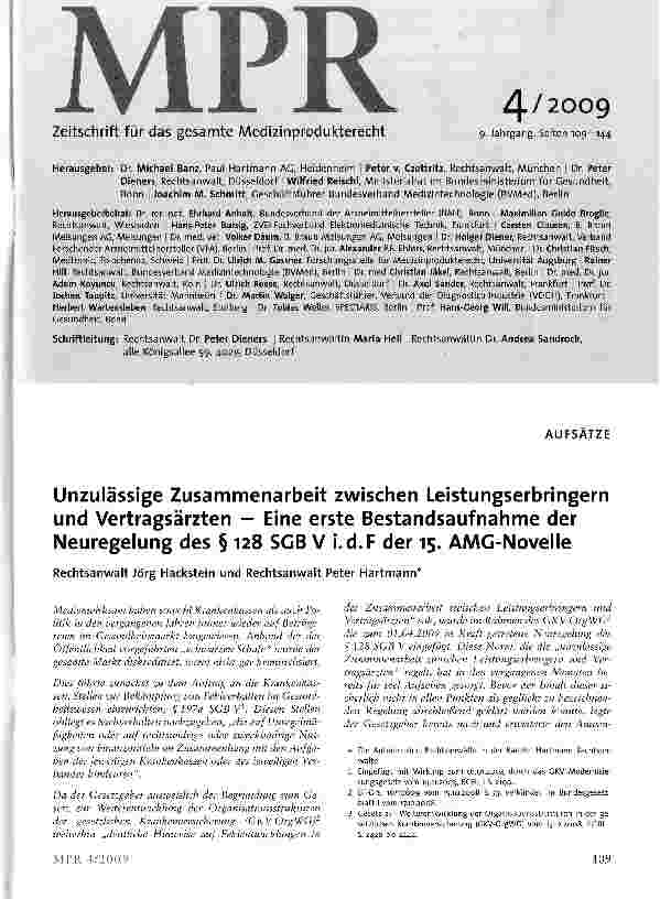 Vorschauseite 1: Unzulässige Zusammenarbeit zwischen Leistungserbringern und Vertragsärzten - Eine erste Bestandsaufnahme der Neuregelung des § 128 SGB V i. d. F der 15. AMG-Novelle