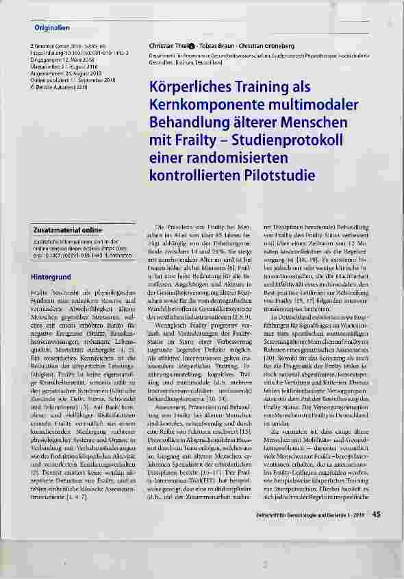 Vorschauseite 1: Körperliches Training als Kernkomponente multimodaler Behandlung älterer Menschen mit Frailty - Studienprotokoll einer randomisierten kontrollierten Pilotstudie
