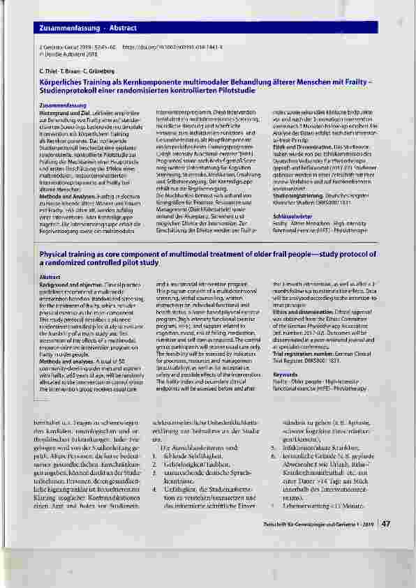 Vorschauseite 3: Körperliches Training als Kernkomponente multimodaler Behandlung älterer Menschen mit Frailty - Studienprotokoll einer randomisierten kontrollierten Pilotstudie