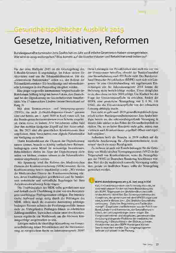 Vorschauseite 1: Gesundheitspolitischer Ausblick 2019 Gesetze, Initiativen, Reformen