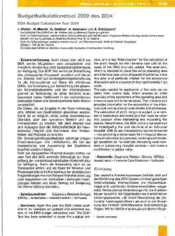 Vorschauseite 1: Budgetkalkulationstool 2009 des BDA