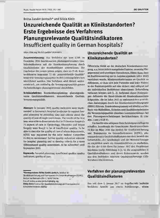 Vorschauseite 1: Unzureichende Qualität an Klinikstandorten? Erste Ergebnisse des Verfahrens Planungsrelevante Qualitätsindikatoren