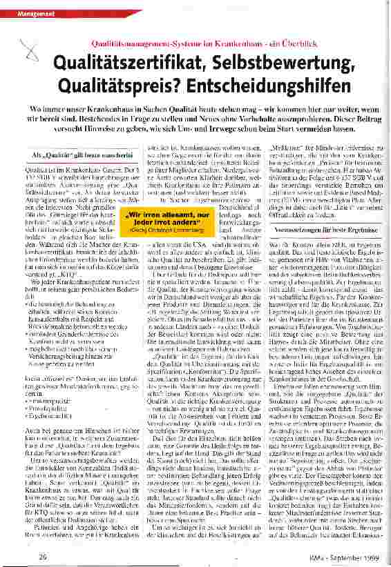 Vorschauseite 1: Qualitätszertifikat, Selbstbewertung, Qualitätspreis? Entscheidungshilfen Qualitätsmanagement-Systeme im Krankenhaus - ein Überblick