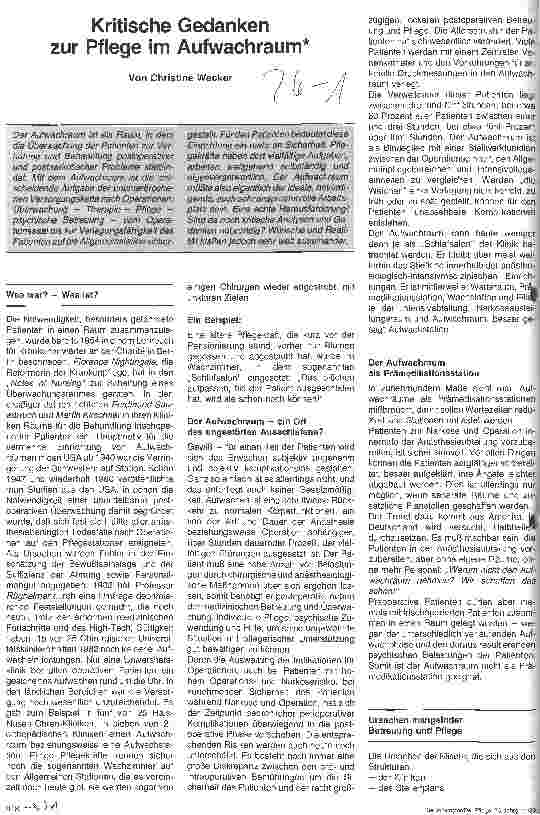 Vorschauseite 1: Kritische Gedanken zur Pflege im Aufwachraum
